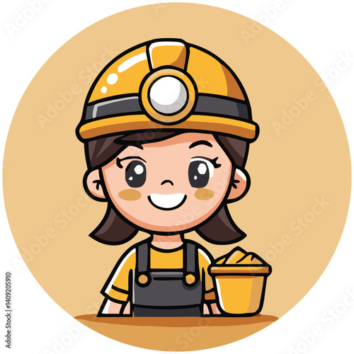 Cute Cartoon Girl Miner With Hard Hat And Mining Bucket Illustration