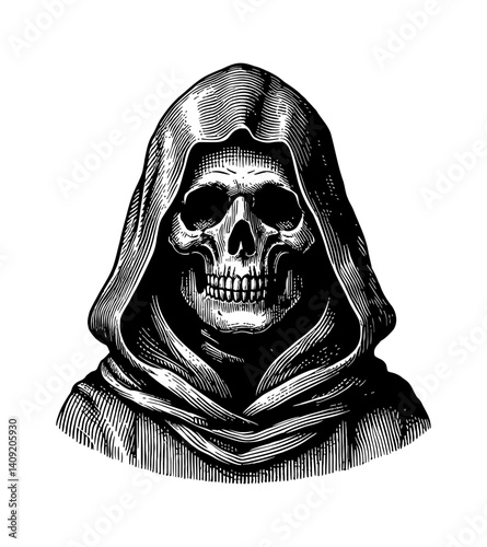 Monochrome Engraving of Grim Reaper Skull in Hood with Detailed Line Art