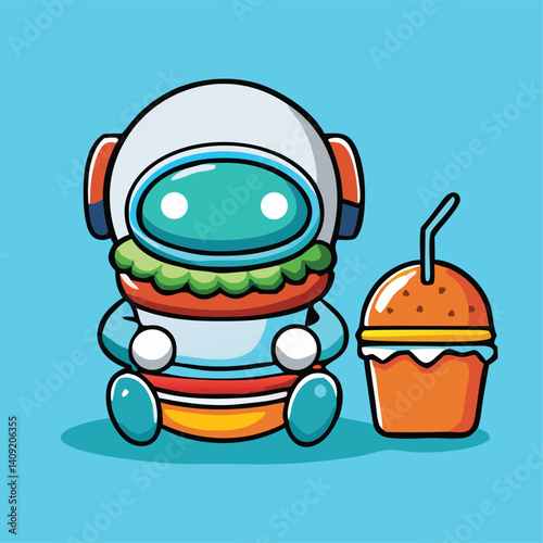 Cute Cartoon Astronaut Burger Character With Drink On Blue Background Illustration
