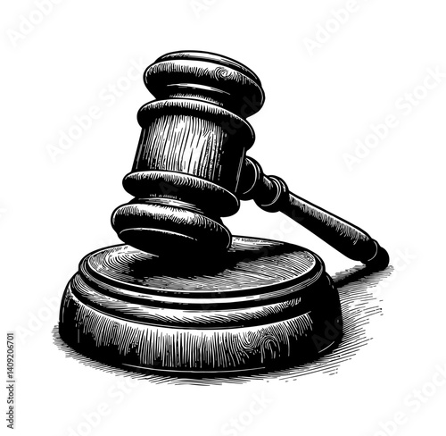 Woodcut Engraving Style Illustration of a Gavel Resting on a Block in Black and White