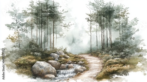 A serene watercolor landscape featuring a winding path through a misty forest, with lush greenery and a gentle stream flowing over rocks.