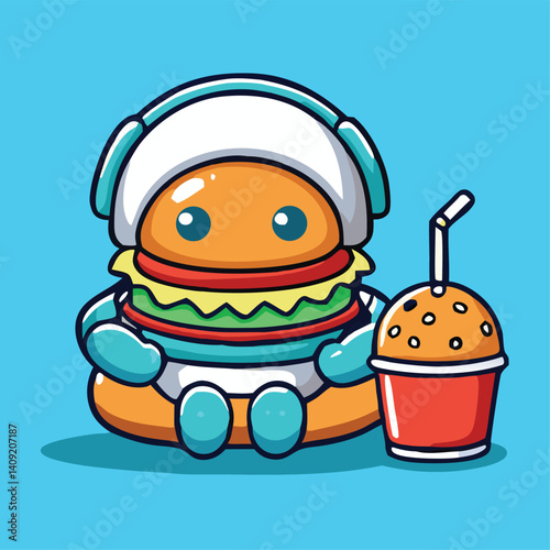 Cartoon Burger Character Wearing Headphones With Drink On Blue Background