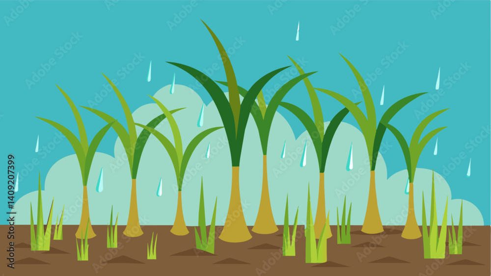 Obraz premium The heavy rains had mercilessly battered the tender rice plants leaving them broken and tered serving as a stark reminder of the fragility of agriculture in the face of severe. Vector illustration
