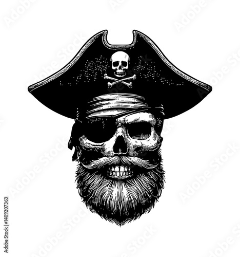 Pirate Skull with Beard and Eyepatch Wearing Hat Black and White Engraving Style