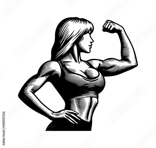 Strong Woman Flexing Biceps with Side View in Detailed Black and White Engraving