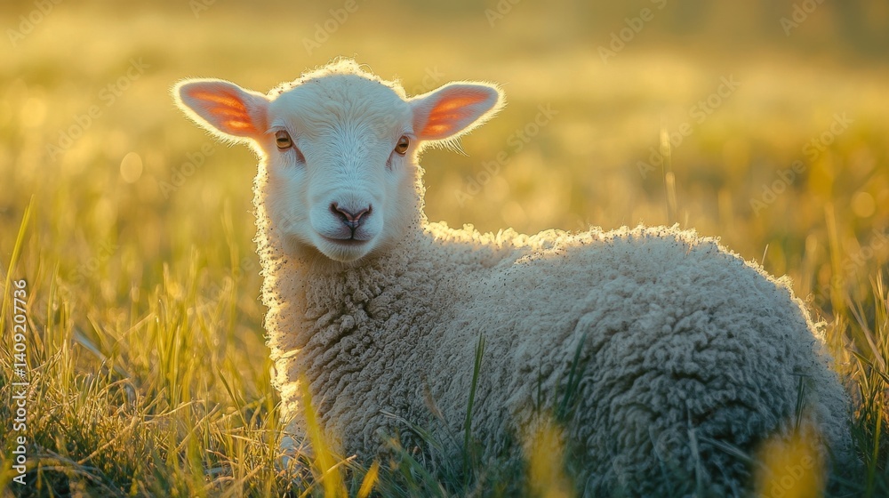 Obraz premium Adorable lamb standing in a field of golden grass.