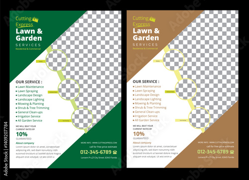 Garden Flyer size is A4 lawn & garden flyer design template landscaping services Tree and gardening service poster leaflet design. lawnmower flyer. Lawn care social media post promotion template 