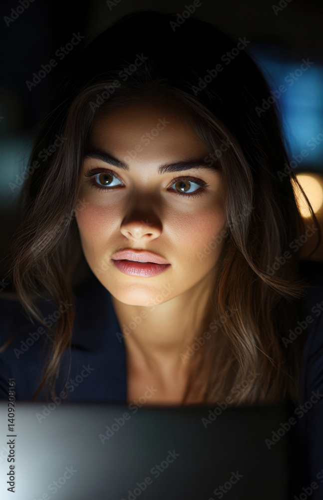 Focused young woman working late at night on a laptop in a dimly lit room with a serious expression Focused young woman working late at night on a laptop in a dimly lit room with a serious expression
