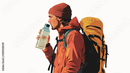 A vector illustration of a young man, seen from the side profile, wearing a red jacket and a beanie, carrying a large yellow backpack. He is drinking from a clear plastic water bottle