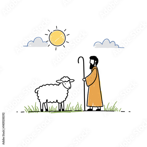 Shepherd caring for sheep under the sun