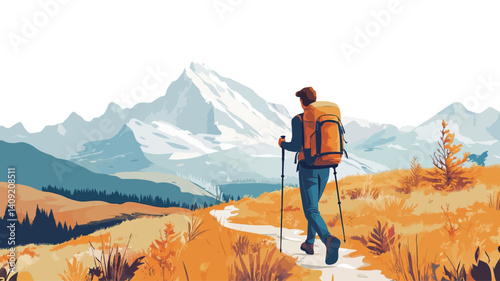 A stylized digital illustration depicting a lone male hiker with a backpack and trekking poles walking along a path in a mountainous landscape. The style is vector-based