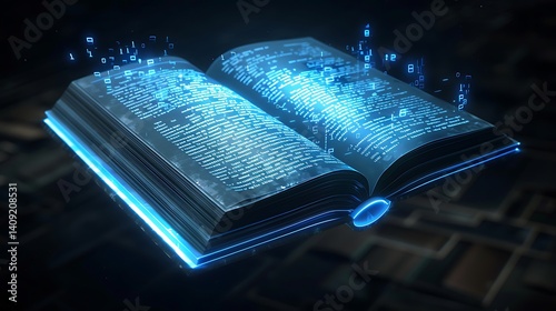 A futuristic AI-driven book floating as its pages glow with radiant blue holographic text