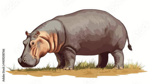 A digital illustration of a hippopotamus. The illustration is done in a realistic style with subtle shading and texture to depict the animal's skin and the surrounding grass.