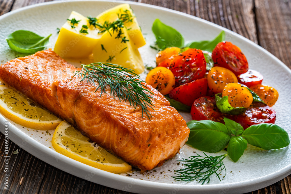Seared salmon steak with cherry tomatoes and boiled potatoes on wooden table