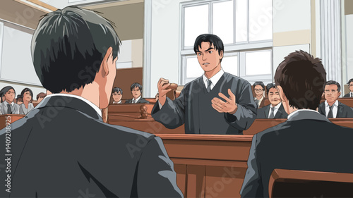 The image is a stylized illustration depicting a courtroom scene.  The color palette is muted, with browns and grays dominating. The style is reminiscent of graphic novel or anime illustration,
