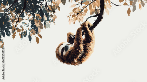 A low-angle, close-up shot of a sloth hanging upside down from a tree branch. The sloth's fur is primarily brown and beige. The background features a tree branch with leaves in shades of green 