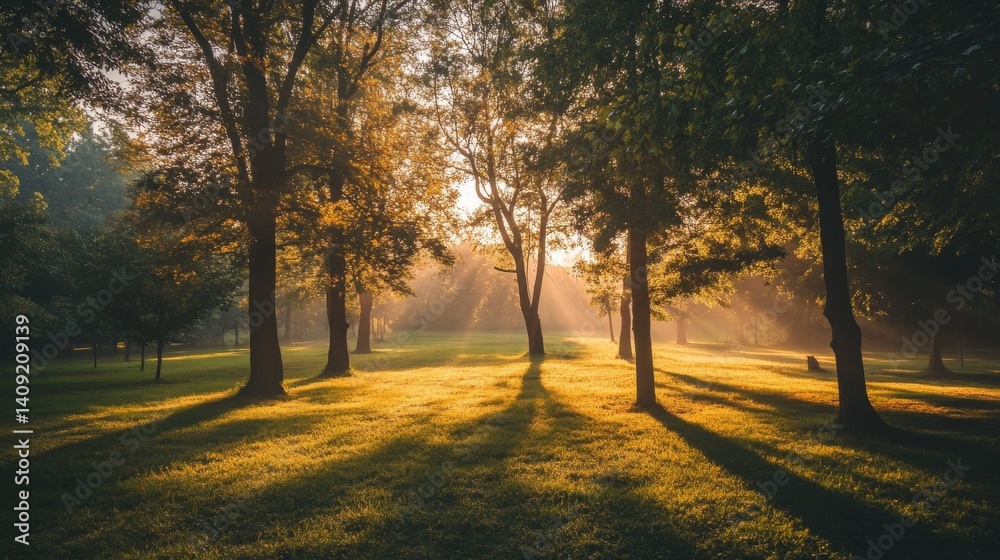 Fototapeta premium Sunrise through the trees in a foggy forest