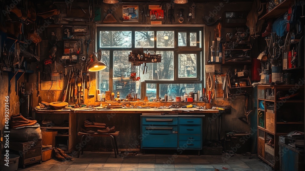 A rustic shoe repair stall with glowing tools and vibrant materials under a warm evening light A rustic shoe repair stall with glowing tools and vibrant materials under a warm evening light