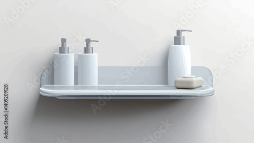 The image shows a minimalist, wall-mounted shelf in a light grey color.  Three white cylindrical soap dispensers with silver tops are placed on the shelf