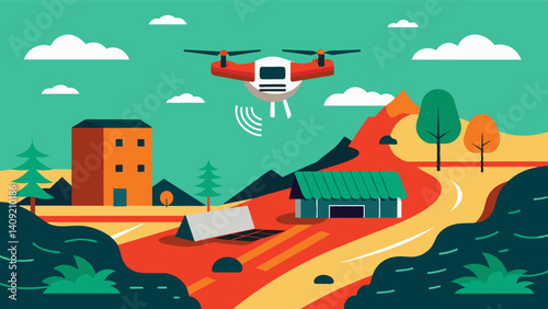 In case of a natural disaster a drone quickly surveys the damage and provides a comprehensive aerial view of the affected area helping farmers and insurance companies assess. Vector illustration