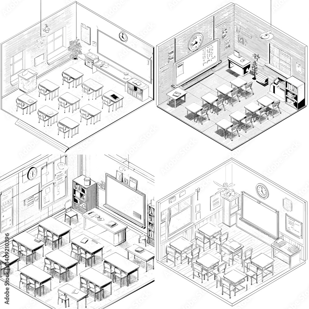 Isometric classroom interior illustrations in black and white line art, showing desks, boards, and educational tools. Perfect for school designs, architectural plans, and learning visuals.


