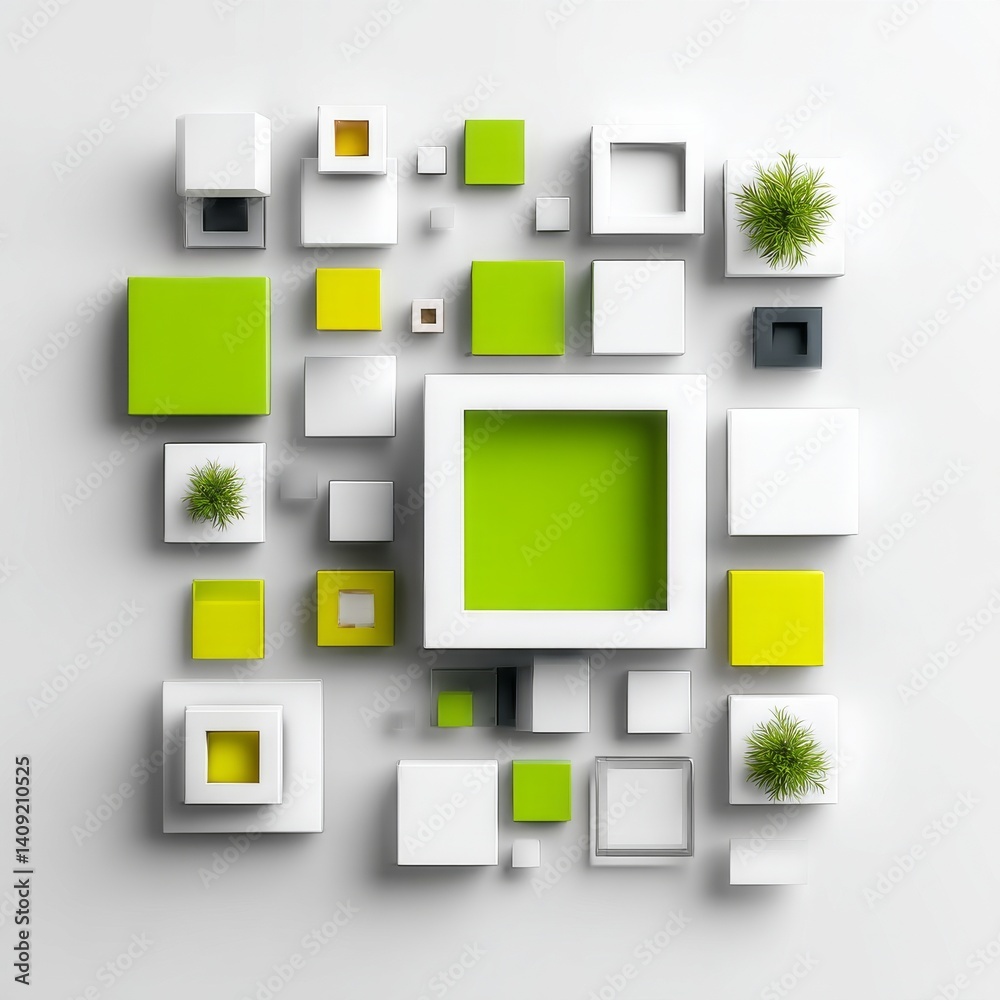 Abstract Composition of Cubes and Plants on a White Background: Geometric Shapes and Minimalist Design Abstract Composition of Cubes and Plants on a White Background: Geometric Shapes and Minimalist Design