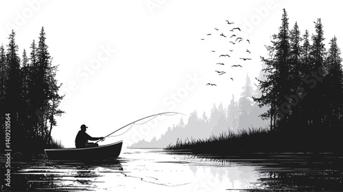 A monochrome illustration depicting a solitary figure in a small boat fishing on a calm river.  The scene is rendered in shades of grey, creating a minimalist aesthetic