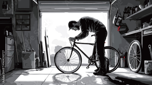 The image is a monochrome photograph depicting a man bent over a bicycle in a garage. The man is positioned centrally, his posture suggesting he is examining or repairing the bicycle