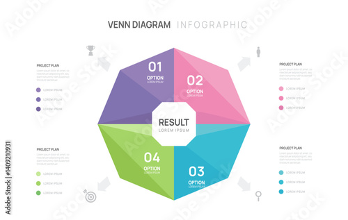 Venn diagram infographic geometric chart template for business start up presentation vector illustration.