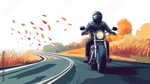 A stylized vector illustration depicting a motorcyclist riding a dark-colored cruiser motorcycle along a winding asphalt road. The road curves gently to the right. 