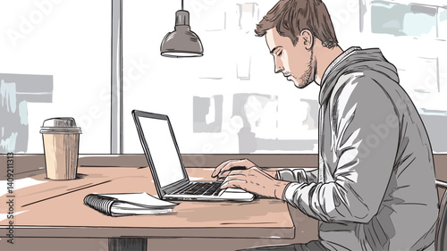 A stylized illustration depicting a young man seated at a table in a cafe, working on a laptop. The illustration is rendered in a sketch-like style with muted tones