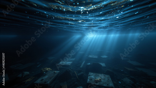 The water above morphs into a dense, ultramarine plane. Sparse light manages to penetrate, casting faint, ethereal beams that illuminate floating detritus and highlight the otherwise dim environment.