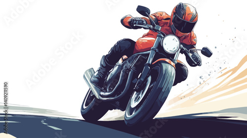 A vector illustration depicting a motorcyclist riding a red motorcycle at high speed. The image is stylized with motion blur, suggesting rapid movement. The background is a simple, stylized road