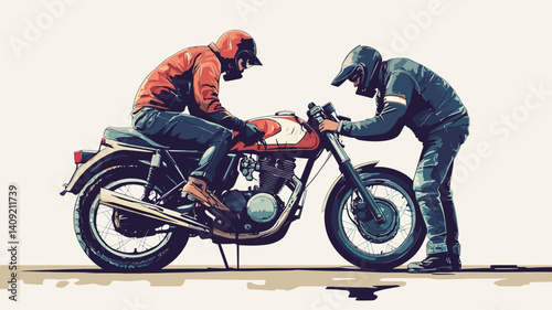 The illustration depicts two men working on a vintage motorcycle. One man sits astride the motorcycle while the other attends to the engine.  Both wear helmets and casual clothing indicative 