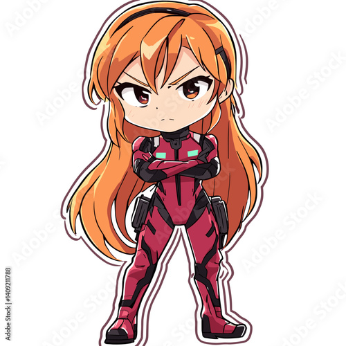 Confident chibi anime girl with long orange hair in futuristic red bodysuit crossing arms with serious expression
