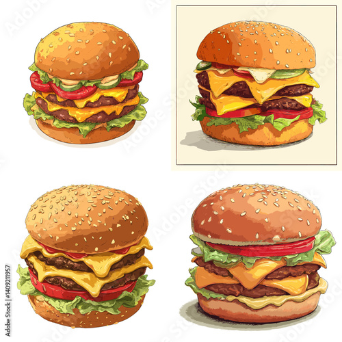 Set of juicy cheeseburger illustrations with sesame buns, melted cheese, lettuce, tomato, and beef patties. Perfect for fast food menus, culinary design, and snack-related visuals.


