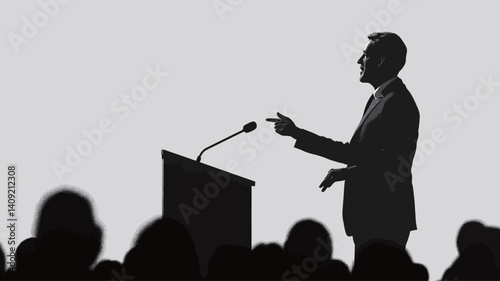 The image is a monochrome silhouette photograph.  It depicts a person in a suit, standing at a podium with a microphone, gesturing while addressing a large audience.