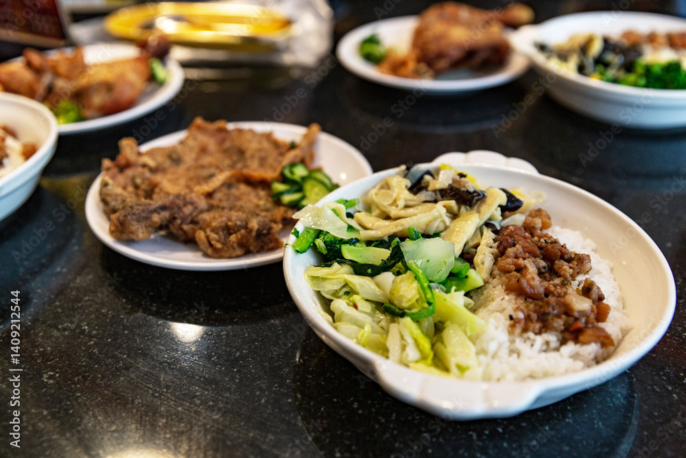 Taiwanese braised pork rice and braised ribs, hearty comfort food with rich soy-braised pork and tender ribs, iconic local dish