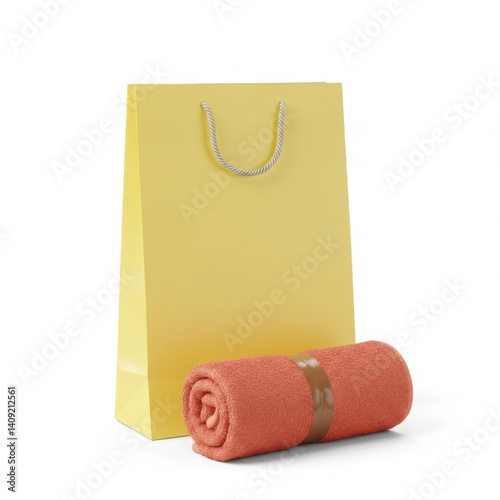Yellow bag and coral towel branding and product layout