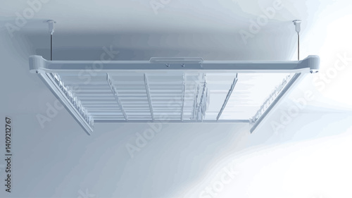 Low angle close-up shot of a white ceiling-mounted drying rack against a light gray background. The rack is rectangular with a grid-like structure and appears to be made of metal or plastic