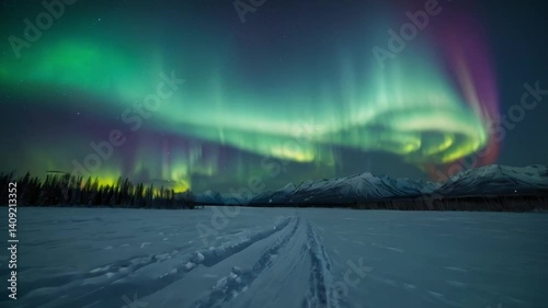 Wallpaper Mural A breathtaking northern lights display illuminates the night sky over a snowy landscape with mountains and pine forests. Colorful light waves dance above, creating a magical and serene scene. Torontodigital.ca
