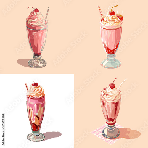 Set of vintage-style strawberry milkshake illustrations in tall glasses, topped with whipped cream and cherry, ideal for dessert menus, retro designs, and sweet treat concepts.

