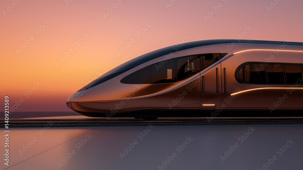 Obraz premium Futuristic train at sunset over ocean