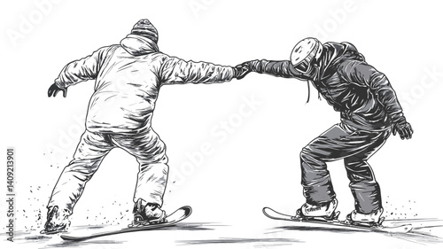 A monochrome sketch illustration depicts two individuals, appearing to be men, engaged in a winter sport, possibly skiing. They are dressed in winter attire