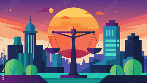 Against the backdrop of a colorful sunset the eVTOLs showcase the perfect balance between nature and technology a testament to the citys ability to embrace both.. Vector illustration