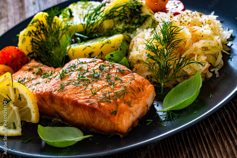 Seared salmon steak with boiled potatoes and sauerkraut on wooden table