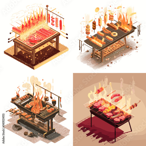 Set of isometric grilled barbecue scenes with various meats and skewers on fire, perfect for summer cookout, BBQ party, and food festival concepts.

