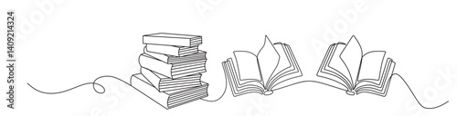 One Line art concept of open book and stacked books. black lines on transparent background. Graphics for business
