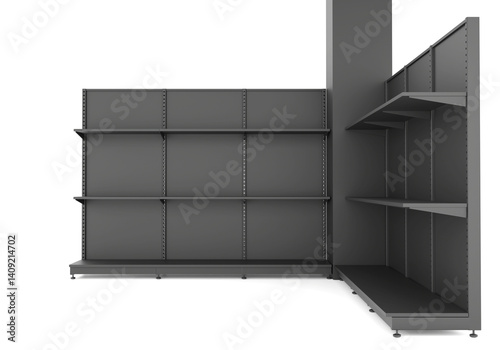 empty warehouse shelves. black metal L-shaped retail shelving unit with empty shelves, isolated on white background. Ideal for supermarket mockups, product placement, merchandising. 3d render.