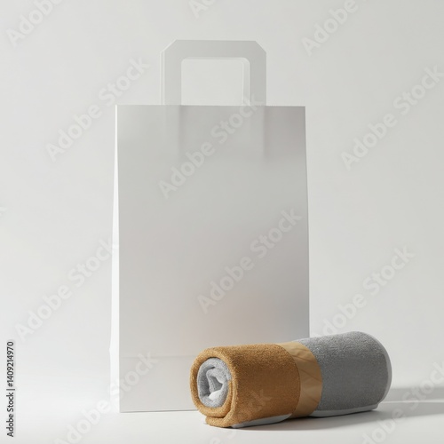 White bag with dual-color towels in minimal style